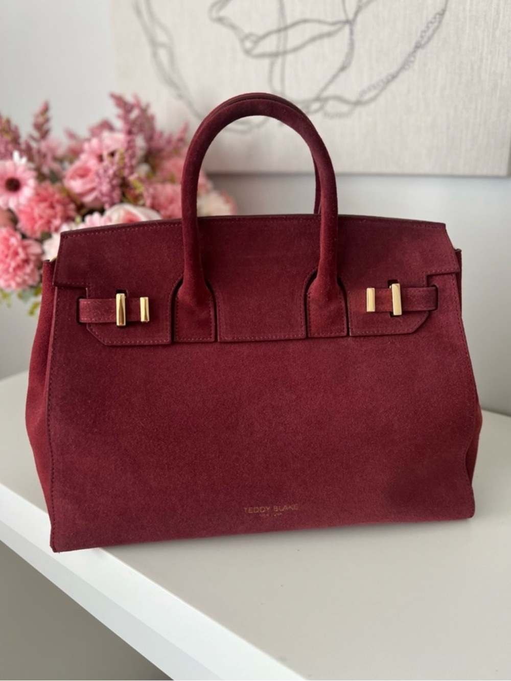 Teddy Blake Gigi 13” Burgundy Suede Top-Handle Bag with strap